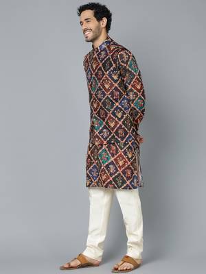 Men'S Purple And Cream Muslin Cotton Jacket, Kurta And Pyjama Set 2