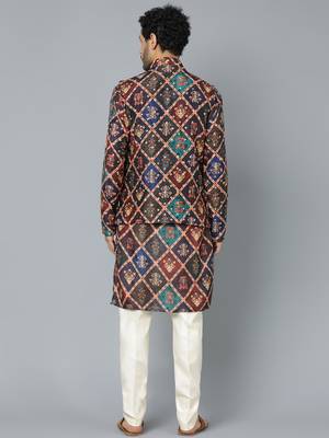 Men'S Purple And Cream Muslin Cotton Jacket, Kurta And Pyjama Set 3