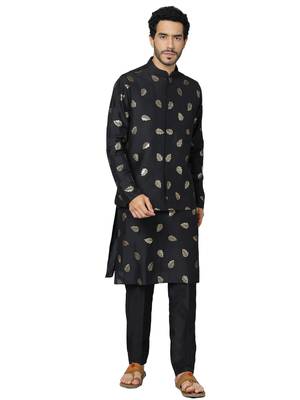 Men'S Black Cotton Blend Jacket, Kurta And Pyjama Set 1