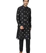 Men'S Black Cotton Blend Jacket, Kurta And Pyjama Set