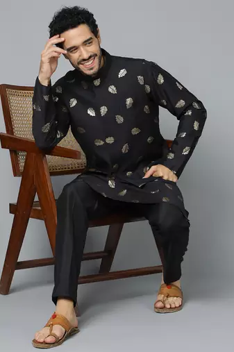 Men'S Black Cotton Blend Jacket, Kurta And Pyjama Set
