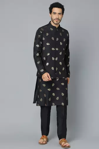 Men'S Black Cotton Blend Jacket, Kurta And Pyjama Set