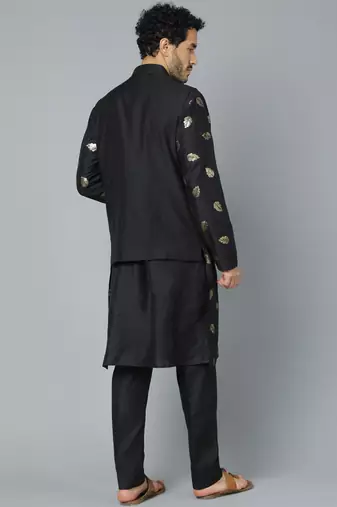 Men'S Black Cotton Blend Jacket, Kurta And Pyjama Set