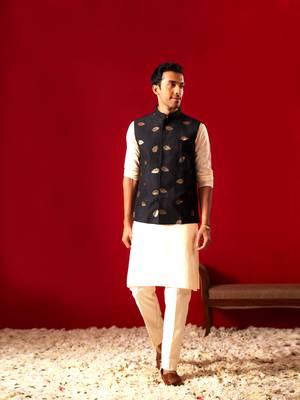 Cream Viscose Jacket, Kurta And Pyjama Set 1