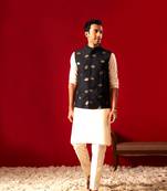 Cream Viscose Jacket, Kurta And Pyjama Set