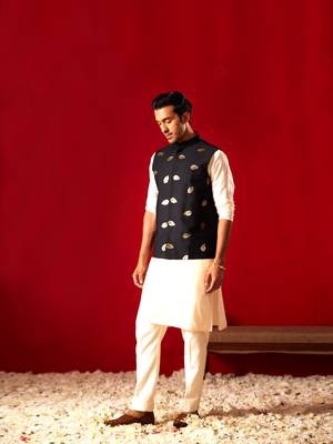 Cream Viscose Jacket, Kurta And Pyjama Set 2