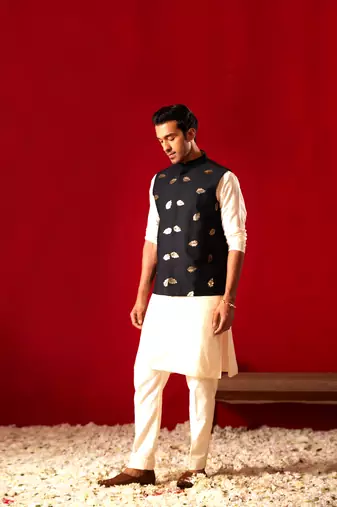 Cream Viscose Jacket, Kurta And Pyjama Set