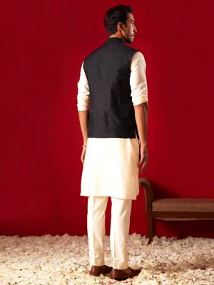 Cream Viscose Jacket, Kurta And Pyjama Set 3