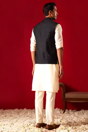 Cream Viscose Jacket, Kurta And Pyjama Set