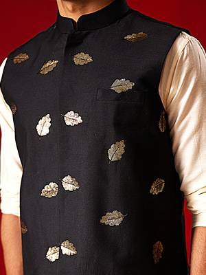 Cream Viscose Jacket, Kurta And Pyjama Set 4