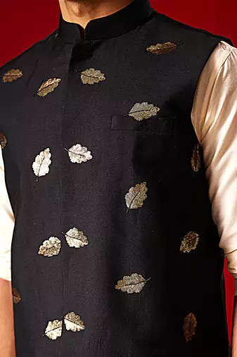 Cream Viscose Jacket, Kurta And Pyjama Set