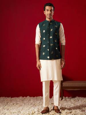 Cream Viscose Jacket, Kurta And Pyjama Set 1