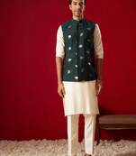 Cream Viscose Jacket, Kurta And Pyjama Set