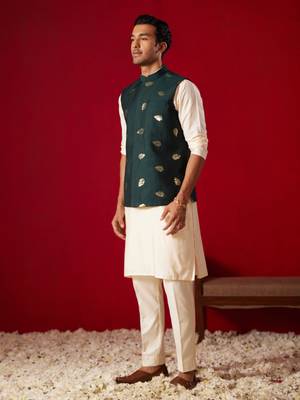 Cream Viscose Jacket, Kurta And Pyjama Set 2