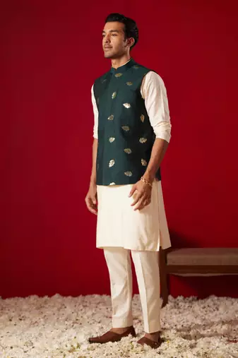Cream Viscose Jacket, Kurta And Pyjama Set