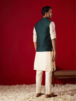 Cream Viscose Jacket, Kurta And Pyjama Set 3