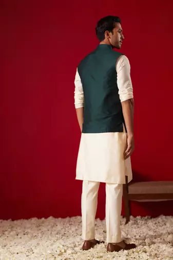 Cream Viscose Jacket, Kurta And Pyjama Set