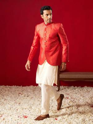 Cream And Red Viscose Jacket, Kurta And Pyjama Set 1