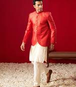 Cream And Red Viscose Jacket, Kurta And Pyjama Set