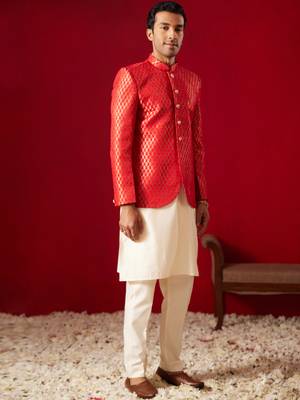 Cream And Red Viscose Jacket, Kurta And Pyjama Set 2