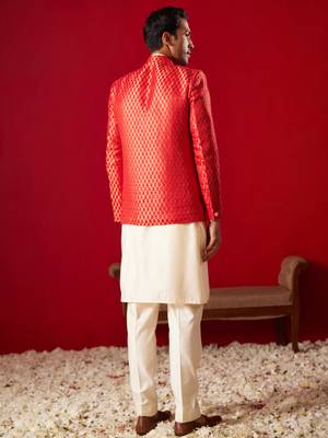 Cream And Red Viscose Jacket, Kurta And Pyjama Set 3