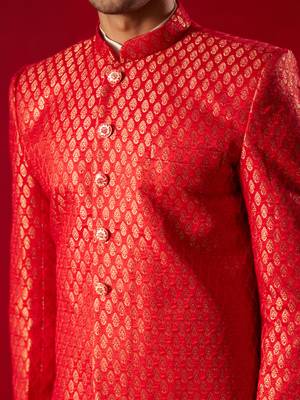 Cream And Red Viscose Jacket, Kurta And Pyjama Set 4