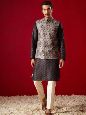 Black Cotton Silk Jacket, Kurta And Pyjama Set 1