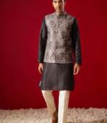 Black Cotton Silk Jacket, Kurta And Pyjama Set