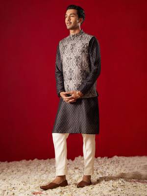 Black Cotton Silk Jacket, Kurta And Pyjama Set 2