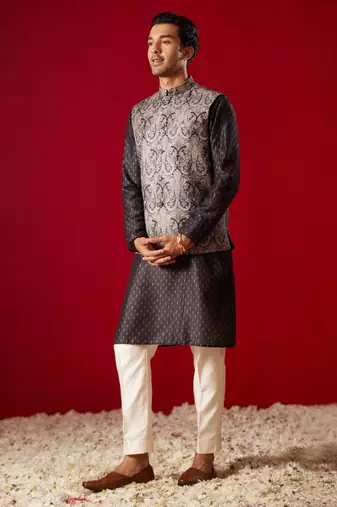 Black Cotton Silk Jacket, Kurta And Pyjama Set