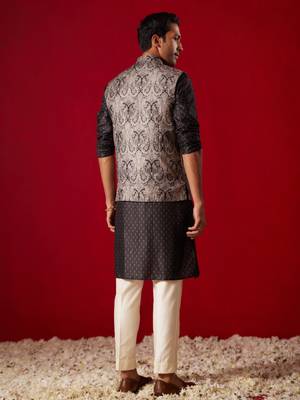 Black Cotton Silk Jacket, Kurta And Pyjama Set 3
