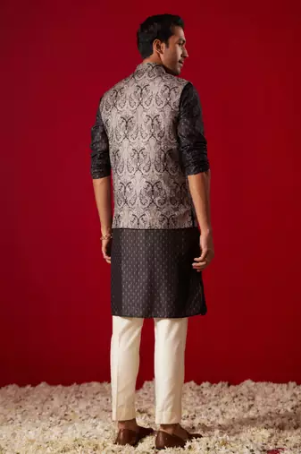 Black Cotton Silk Jacket, Kurta And Pyjama Set