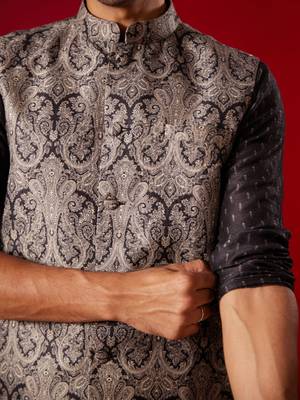 Black Cotton Silk Jacket, Kurta And Pyjama Set 4