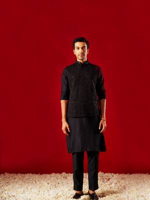 Black Viscose Jacket, Kurta And Pyjama Set 1