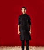Black Viscose Jacket, Kurta And Pyjama Set