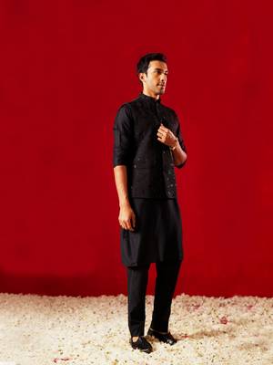 Black Viscose Jacket, Kurta And Pyjama Set 2
