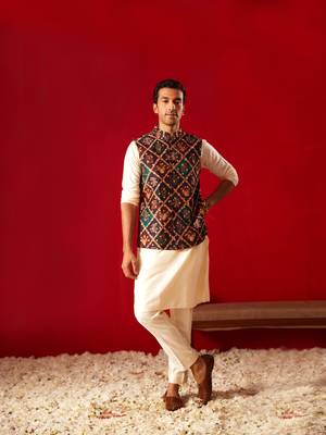 Purple And Cream Viscose Jacket, Kurta And Pyjama Set 1