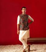 Purple And Cream Viscose Jacket, Kurta And Pyjama Set