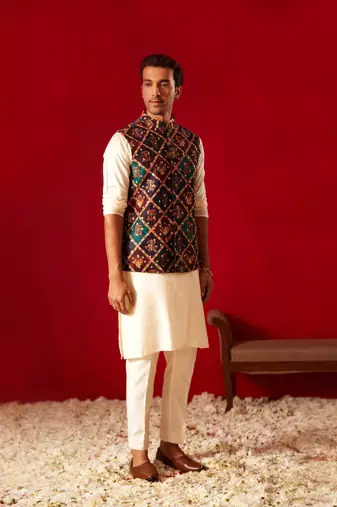 Purple And Cream Viscose Jacket, Kurta And Pyjama Set