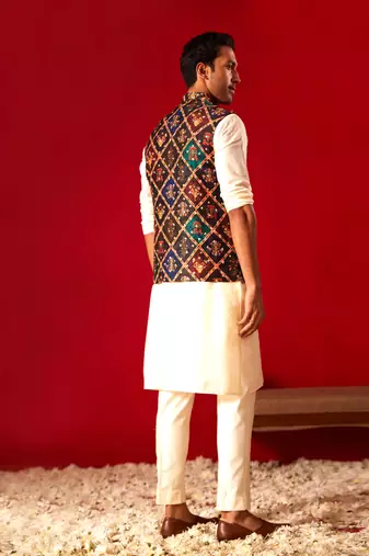Purple And Cream Viscose Jacket, Kurta And Pyjama Set