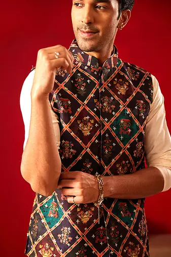 Purple And Cream Viscose Jacket, Kurta And Pyjama Set