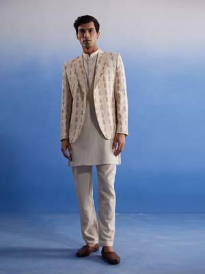 Cream Khadi Cotton Jacket, Kurta And Pyjama Set 1