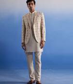 Cream Khadi Cotton Jacket, Kurta And Pyjama Set