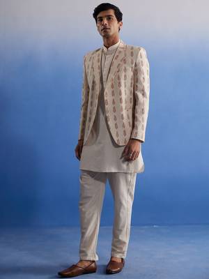 Cream Khadi Cotton Jacket, Kurta And Pyjama Set 2