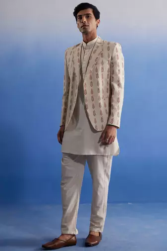 Cream Khadi Cotton Jacket, Kurta And Pyjama Set