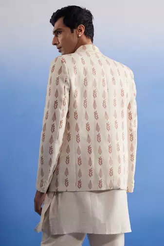 Cream Khadi Cotton Jacket, Kurta And Pyjama Set