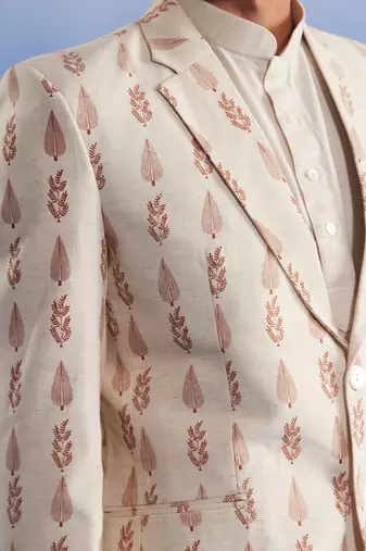 Cream Khadi Cotton Jacket, Kurta And Pyjama Set