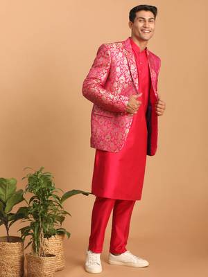 Cream Khadi Cotton Jacket, Kurta And Pyjama Set 5