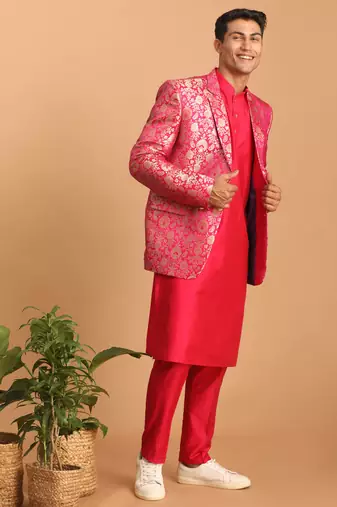Cream Khadi Cotton Jacket, Kurta And Pyjama Set