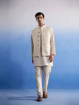 Cream Khadi Cotton Jacket, Kurta And Pyjama Set 1